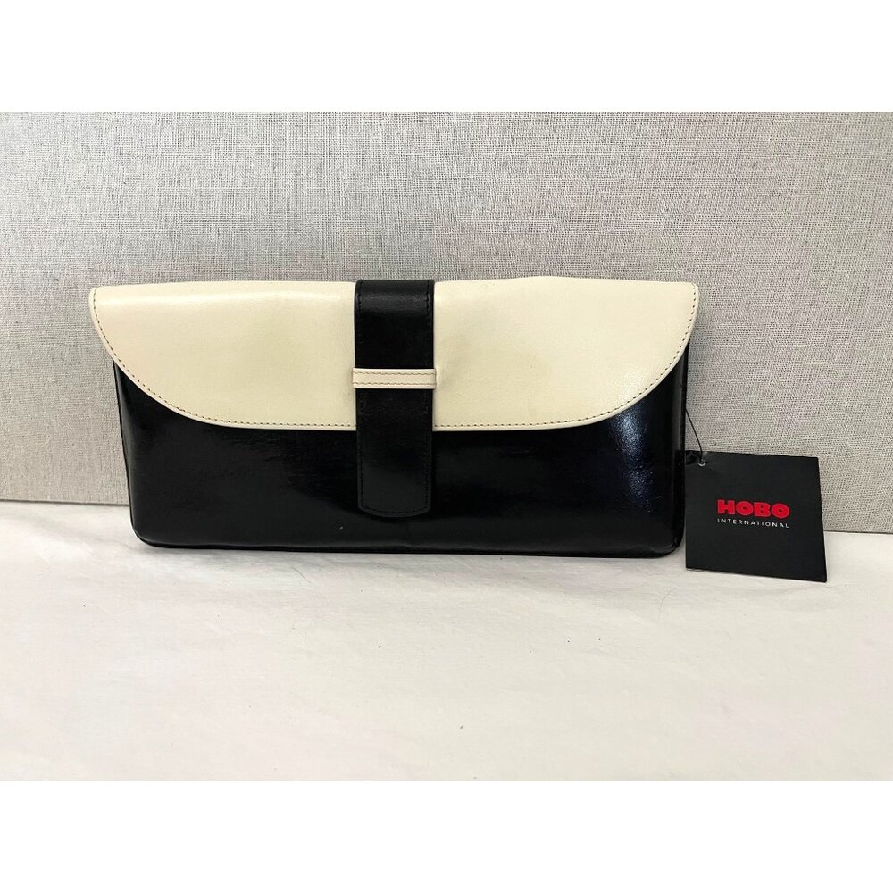Hobo International Black & Cream Leather Clutch With Snap & Zip Closures